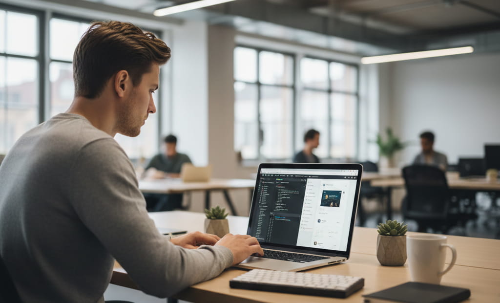 Professional WordPress expert reviewing website code and design on a laptop