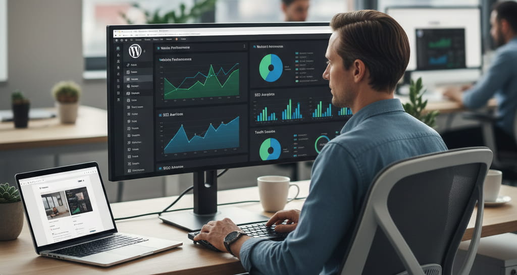 wordpress expert analyzing website development and optimization dashboard